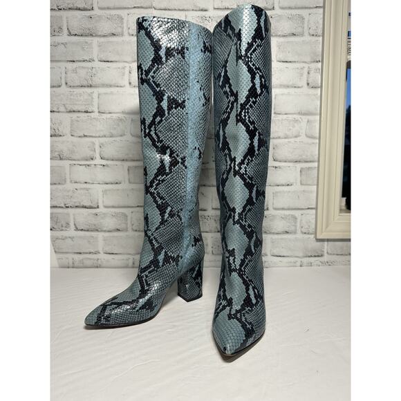 Paris Texas Knee High Blue Python embossed leather boots Block Heel Size 37 - Picture 3 of 12